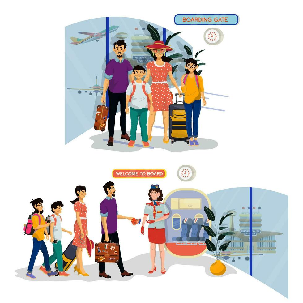 Cartoon illustration of stewardess check tickets of passengers. Happy smiling family go on holiday. vector