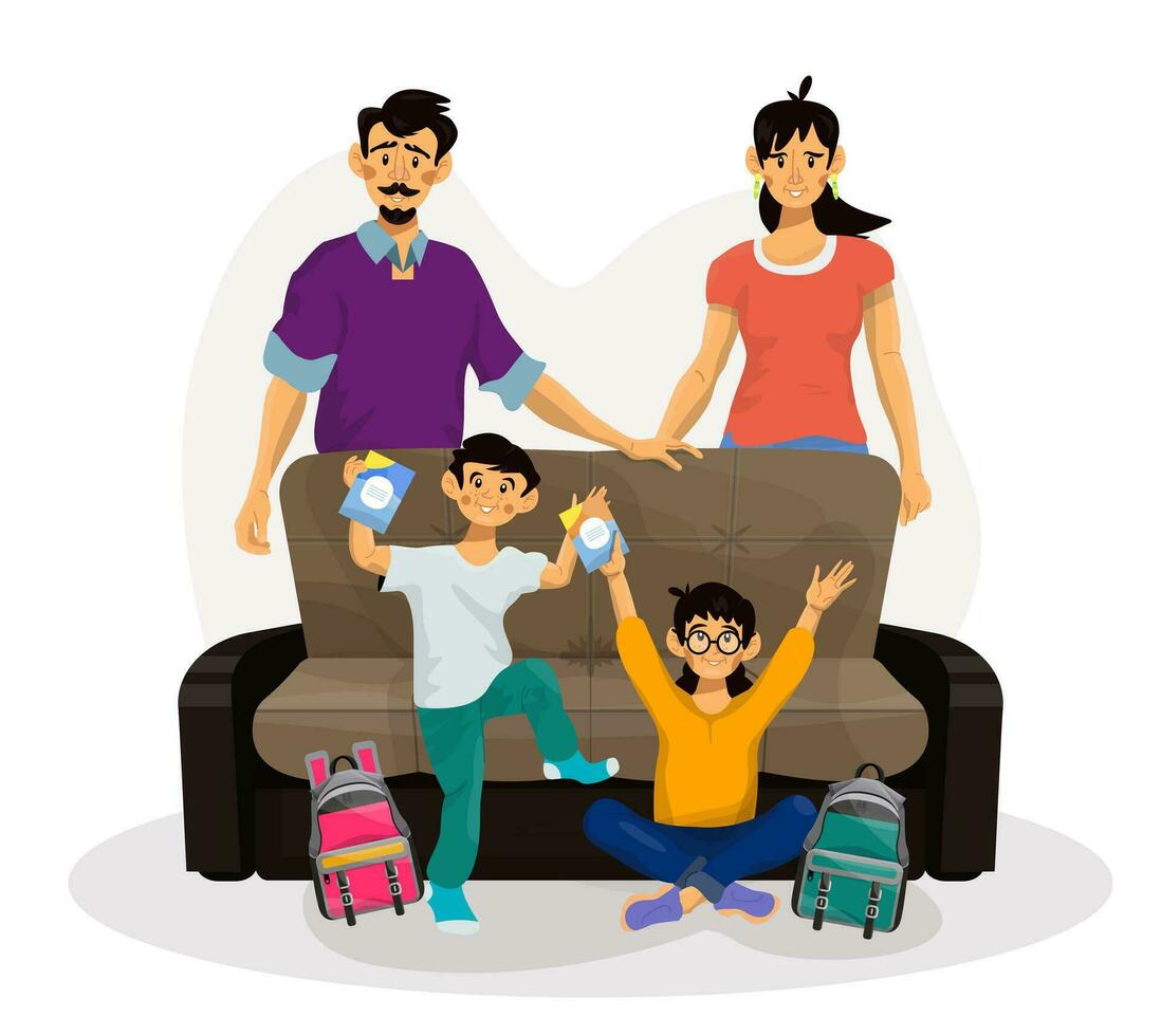Vector cartoon illustration of family going to school of to vacation. Dad, mom, and their children.