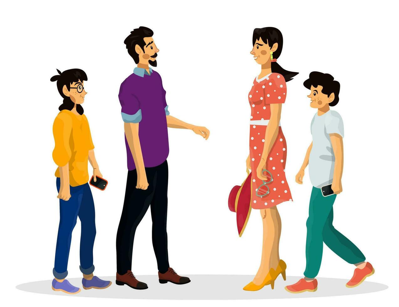 Vector illustration of two single-parents with their children meeting for walking.