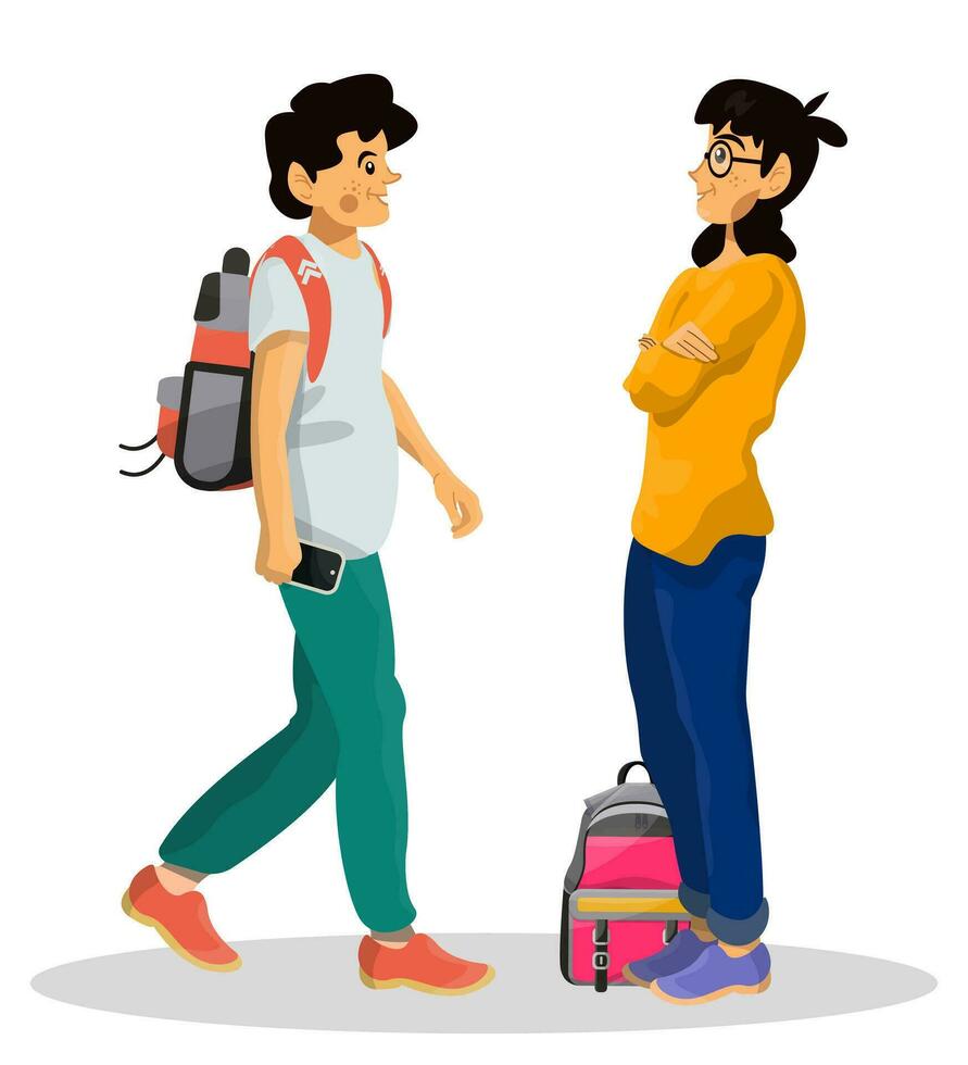 Vector cartoon illustration of school children on white isolated background. Boy and girl together.