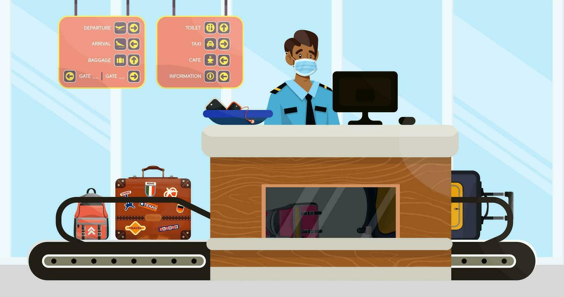 dibujos animados ilustración de aeropuerto inspección proceso. vector concepto de cheque equipo.