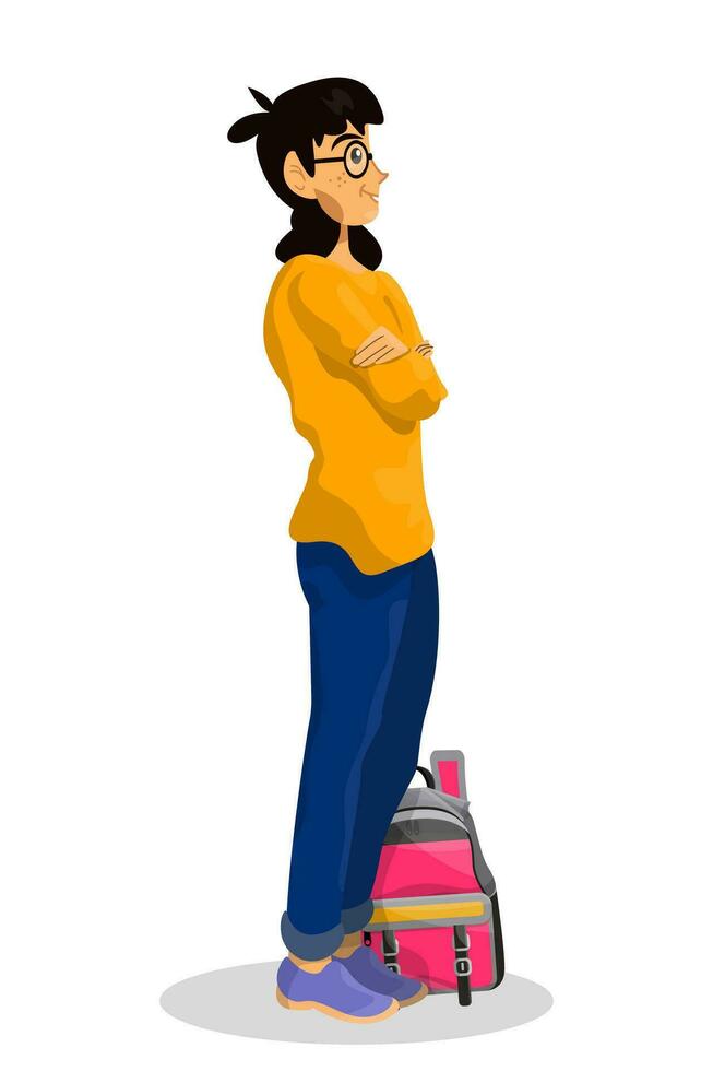 Vector cartoon illustration of woman or girl character in airport on white background.