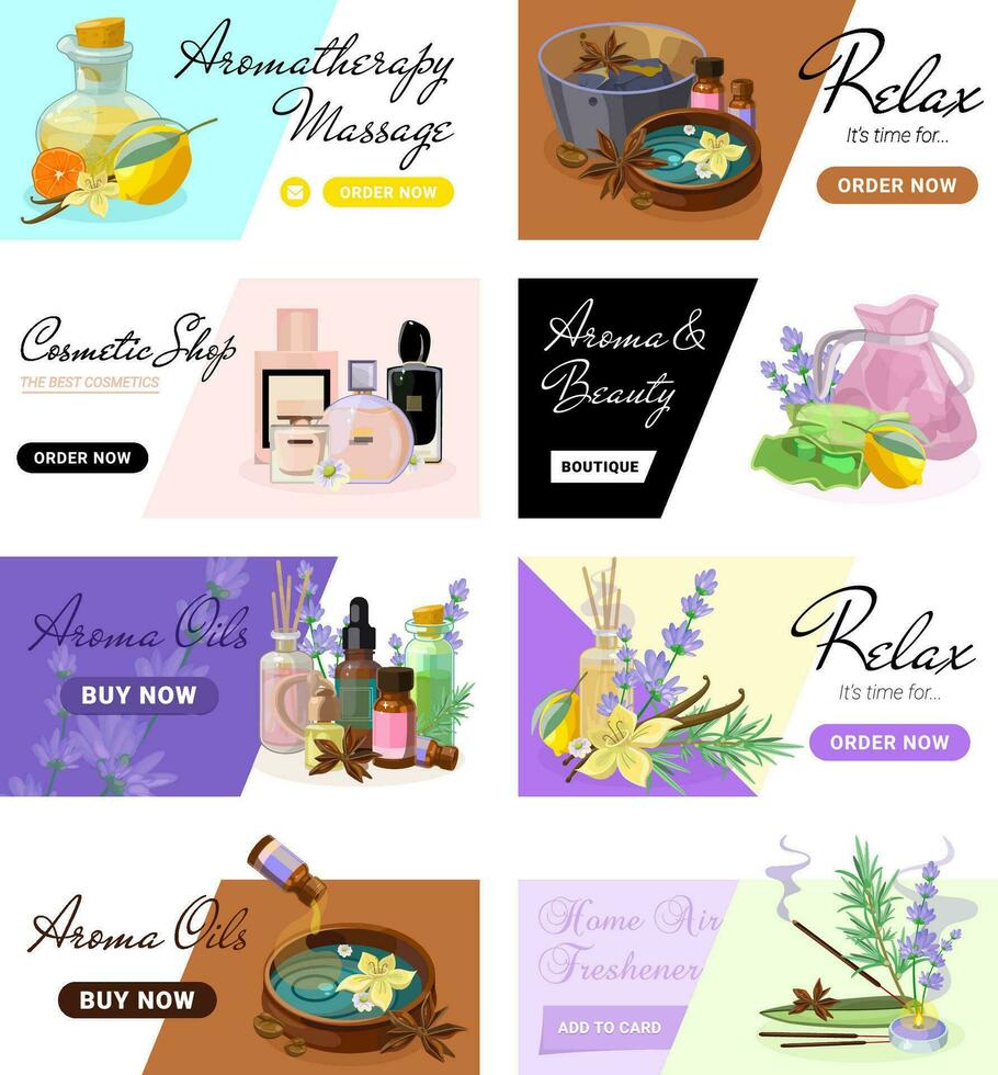 Collection of Landing pages for Aromatherapy and Productions of Aroma Candles, Oils and Cosmetics vector