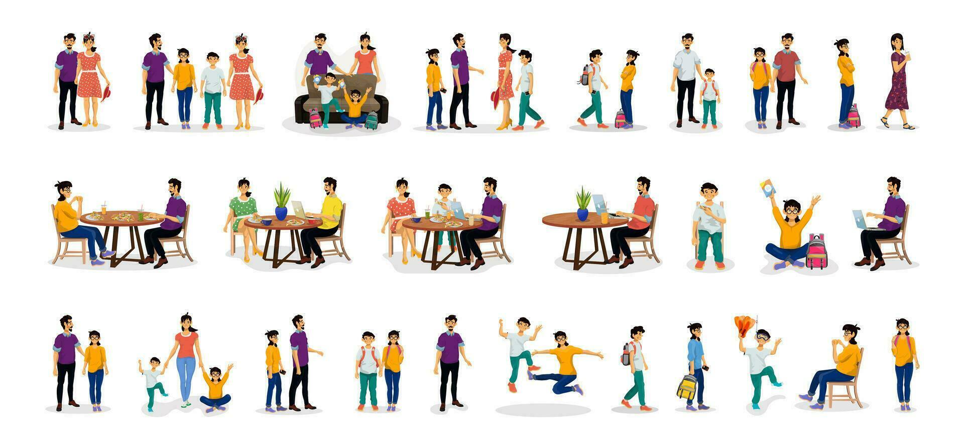 Collection of people and characters. Situations happy family. School children. Parents and children. vector