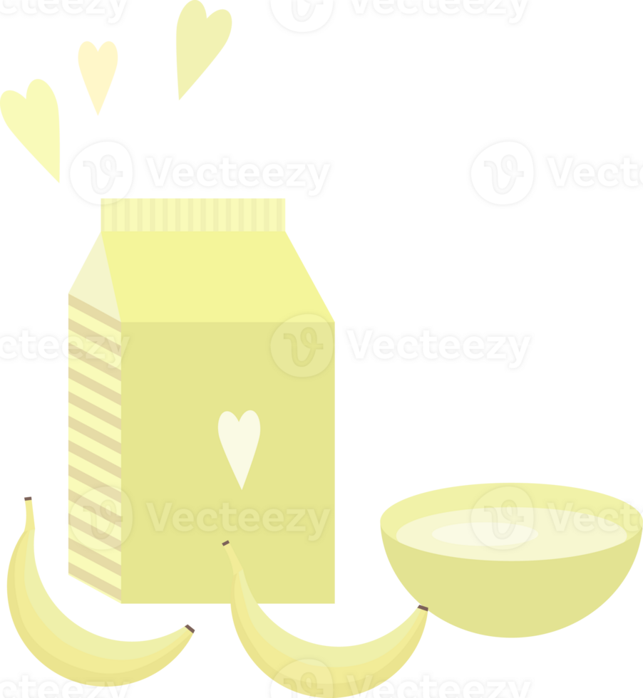Illustration with a yellow package of milk or yogurt, a bowl and bananas on the table in flat png