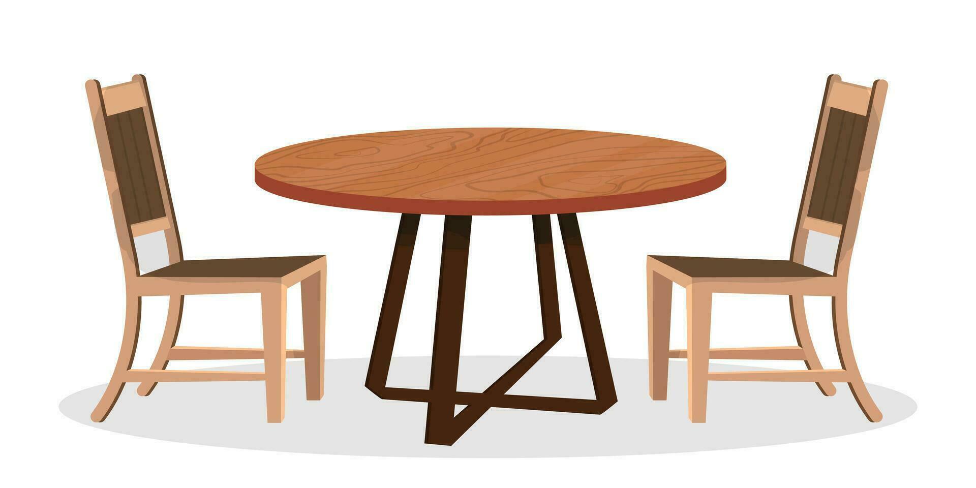 Vector flat illustration of wooden table and two chairs on white backdrop.