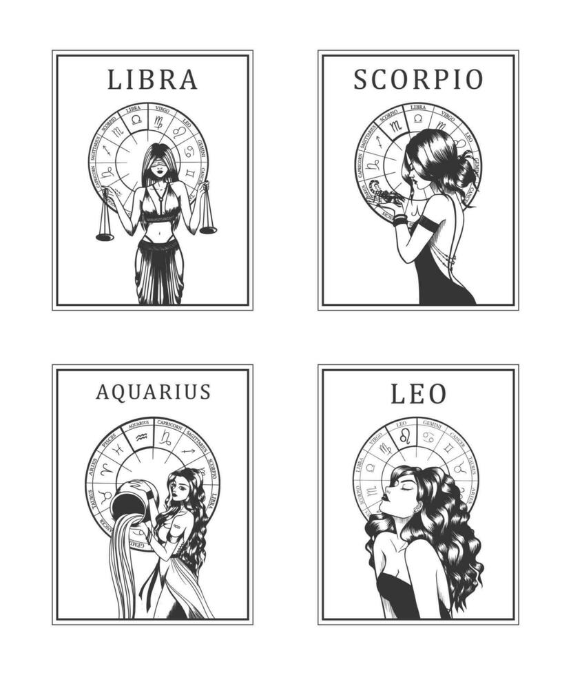 Set of vector illustrations of monochrome cards with astrological signs and romantic beauty women.