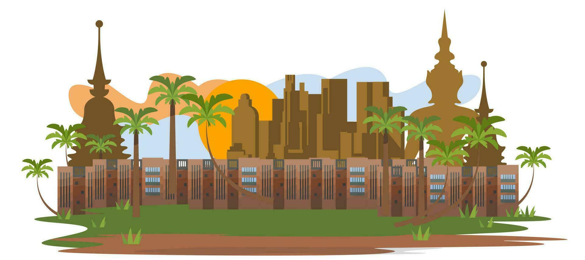 Asia landscape of a modern and traditional city in cartoon style on white isolated background. vector