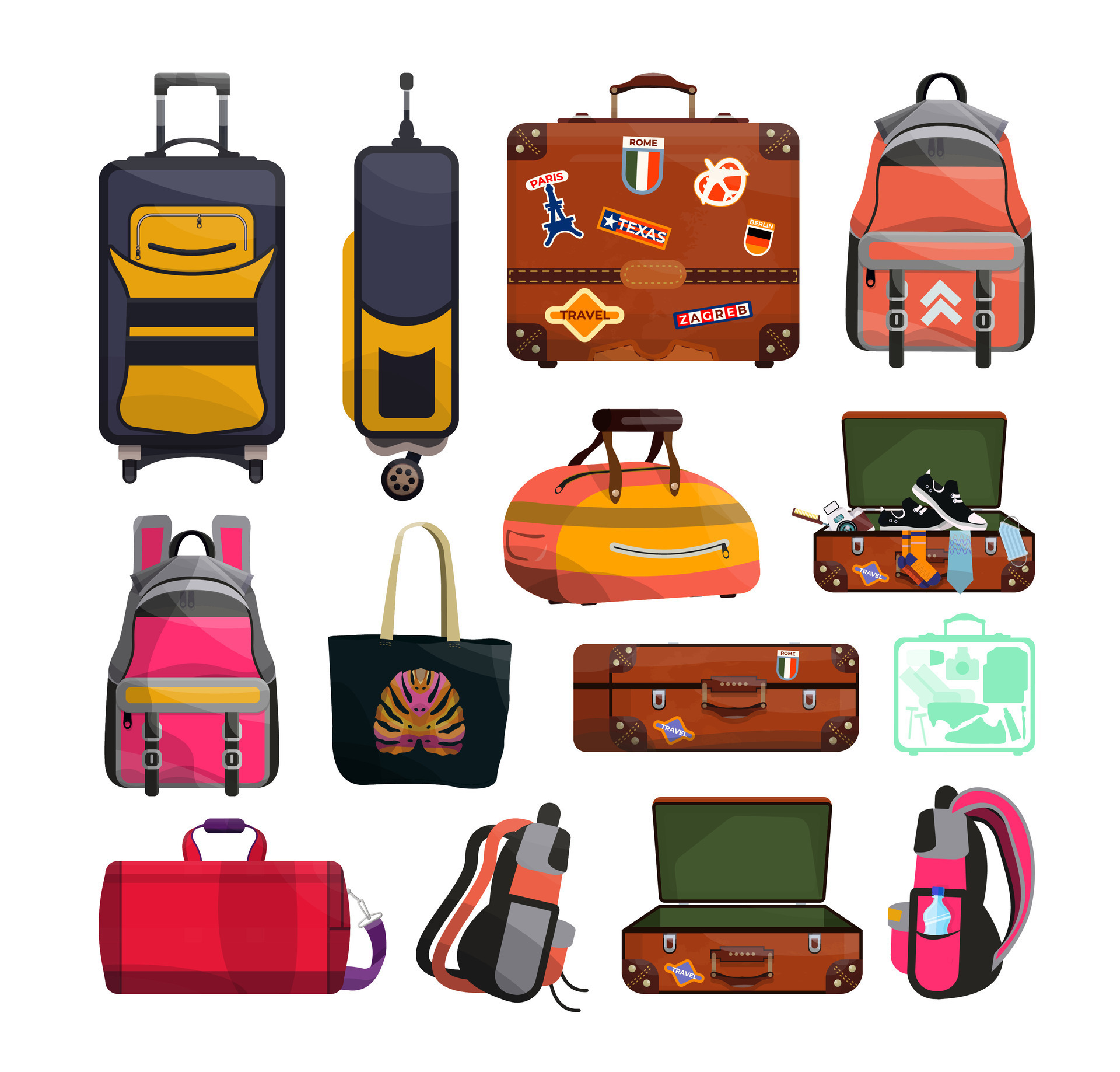 Conjunto de varios vintage, bolsas de equipaje retro, maleta abierta con  cosas de viaje embaladas, maleta, embrague y ropa. Elementos de diseño  aislados coloridos dibujados a mano. vector de dibujos animados Vector