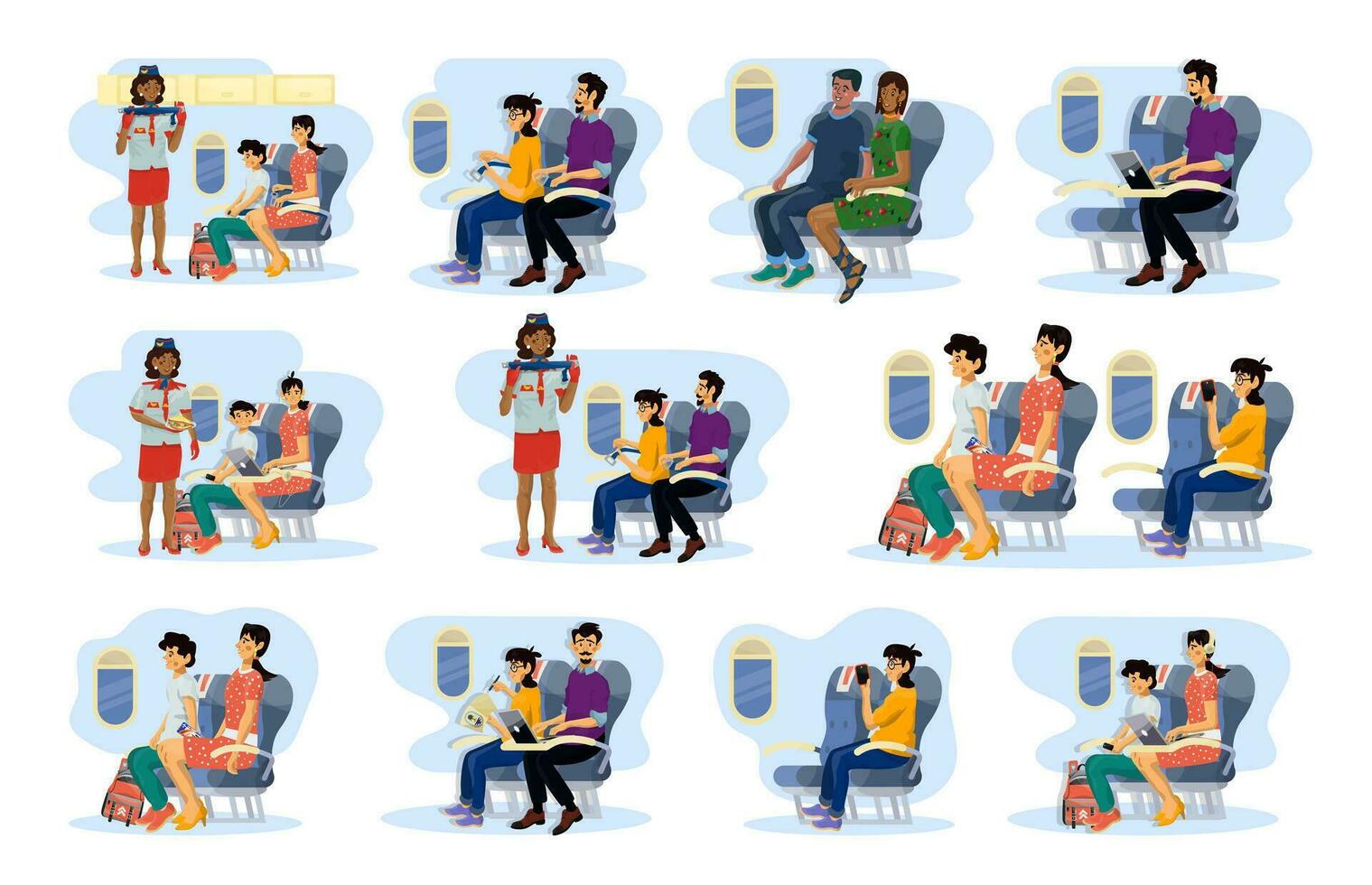 Collection of flat illustrations of fasten seat belts, boarding, serving food during the flight. vector