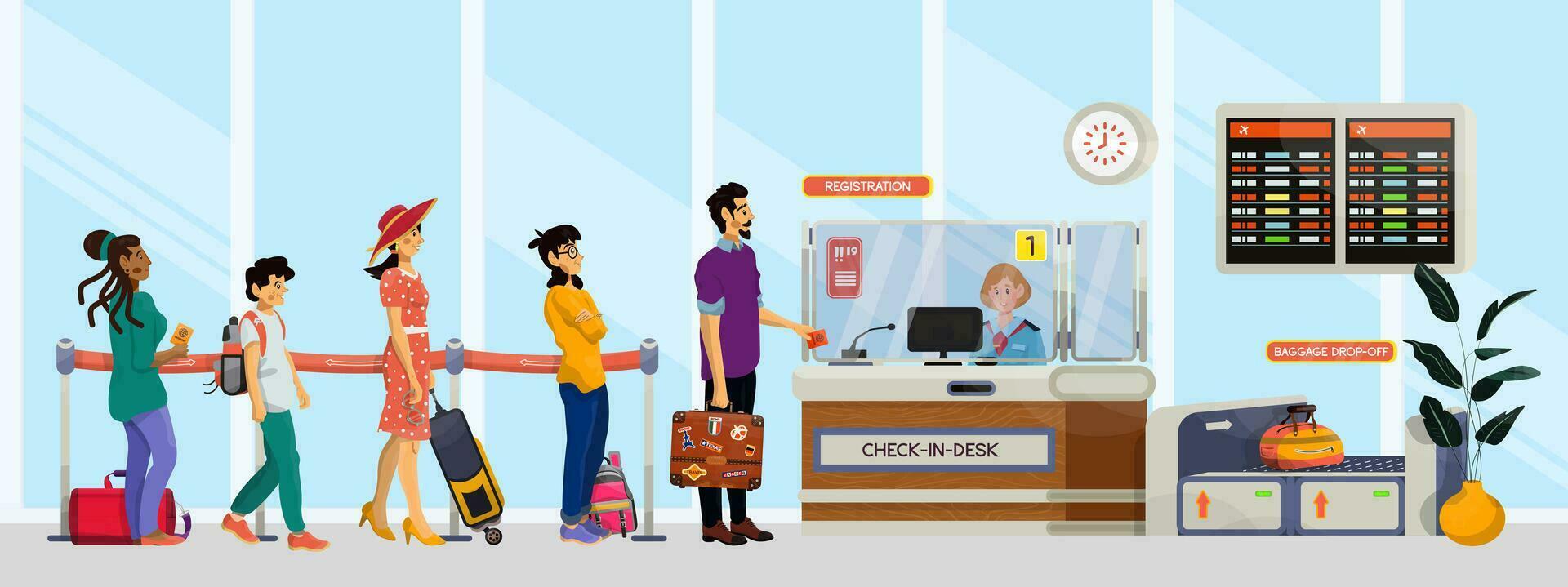 Vector cartoon illustration of queue in airport or railway station. Family concept.
