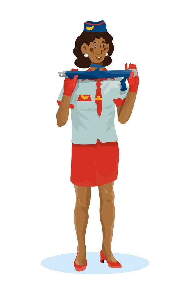 Vector illustration of woman stewardess who shows how to fasten seat belt.