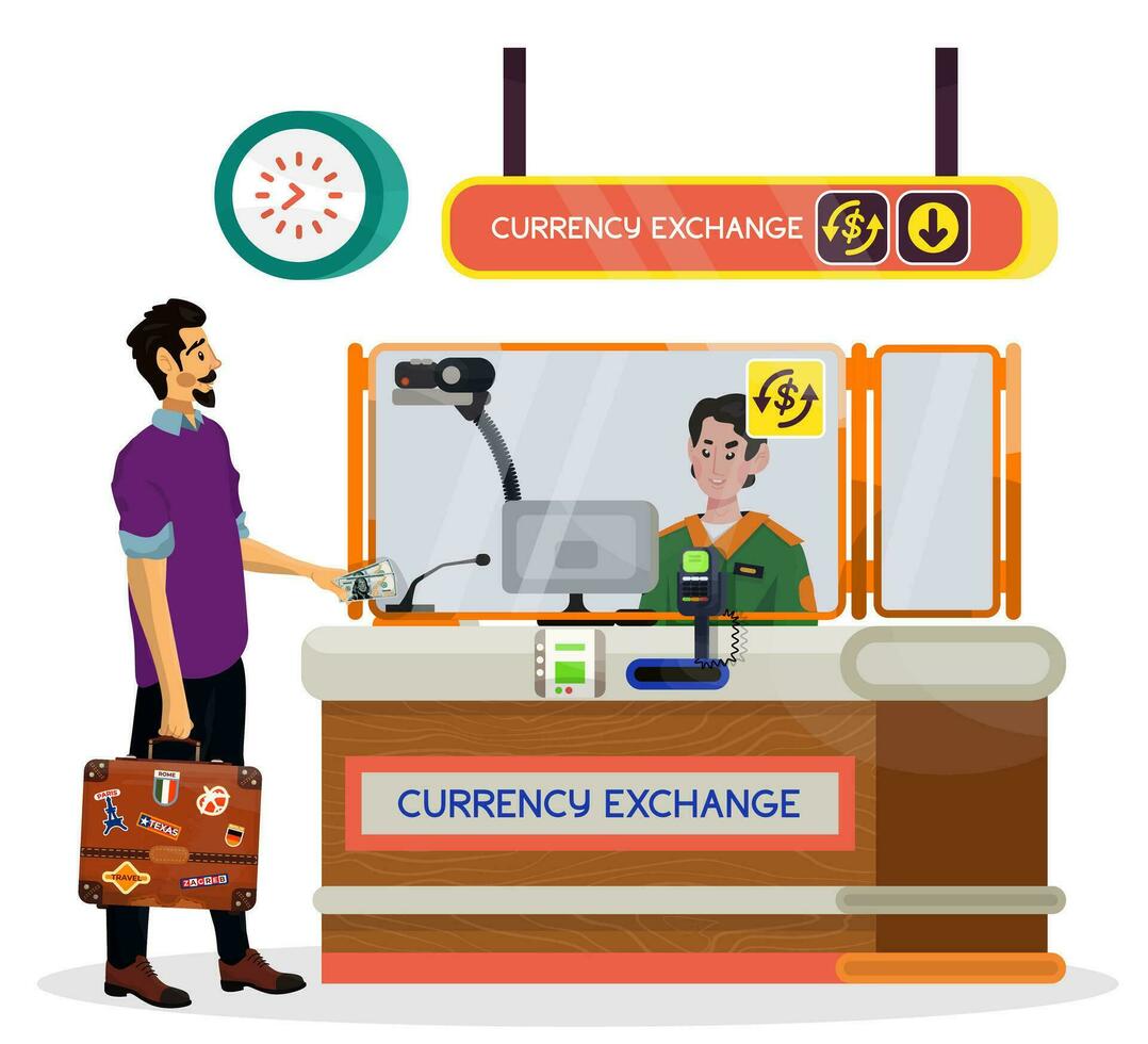 Cartoon Illustration Of Airport Currency Exchange Desk With Assistant how-are-currency-exchange-rates-determined-britannica