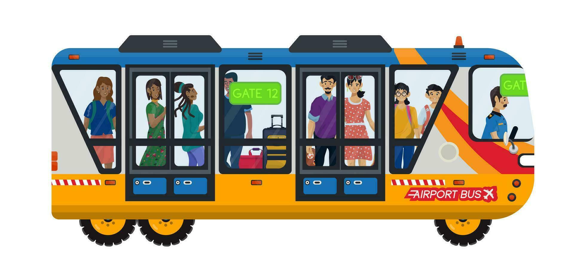 Vector flat illustration of airport shuttle with passengers which going to go fly on a plane.