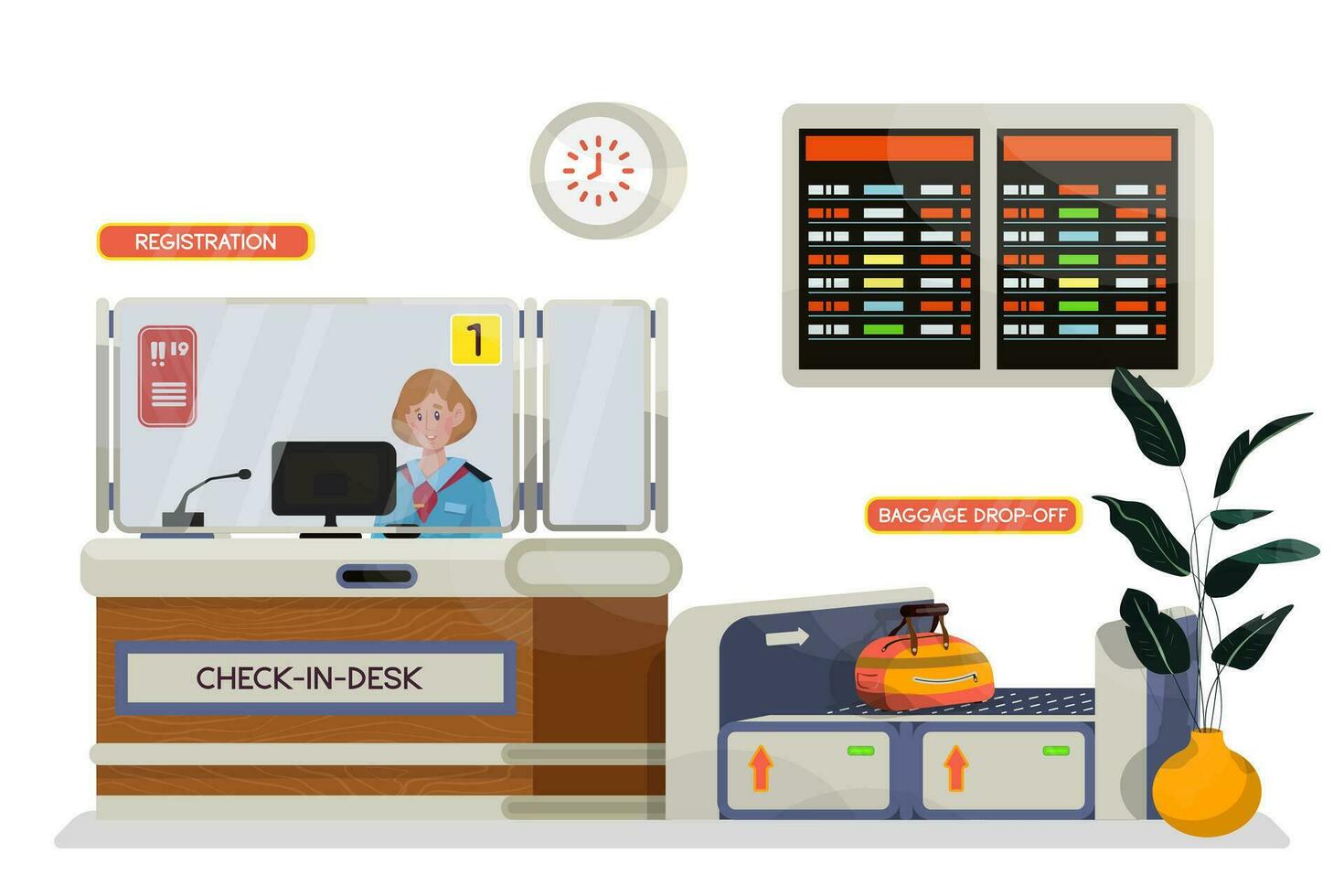 Vector cartoon illustration of check in desk or registration desk in airport.
