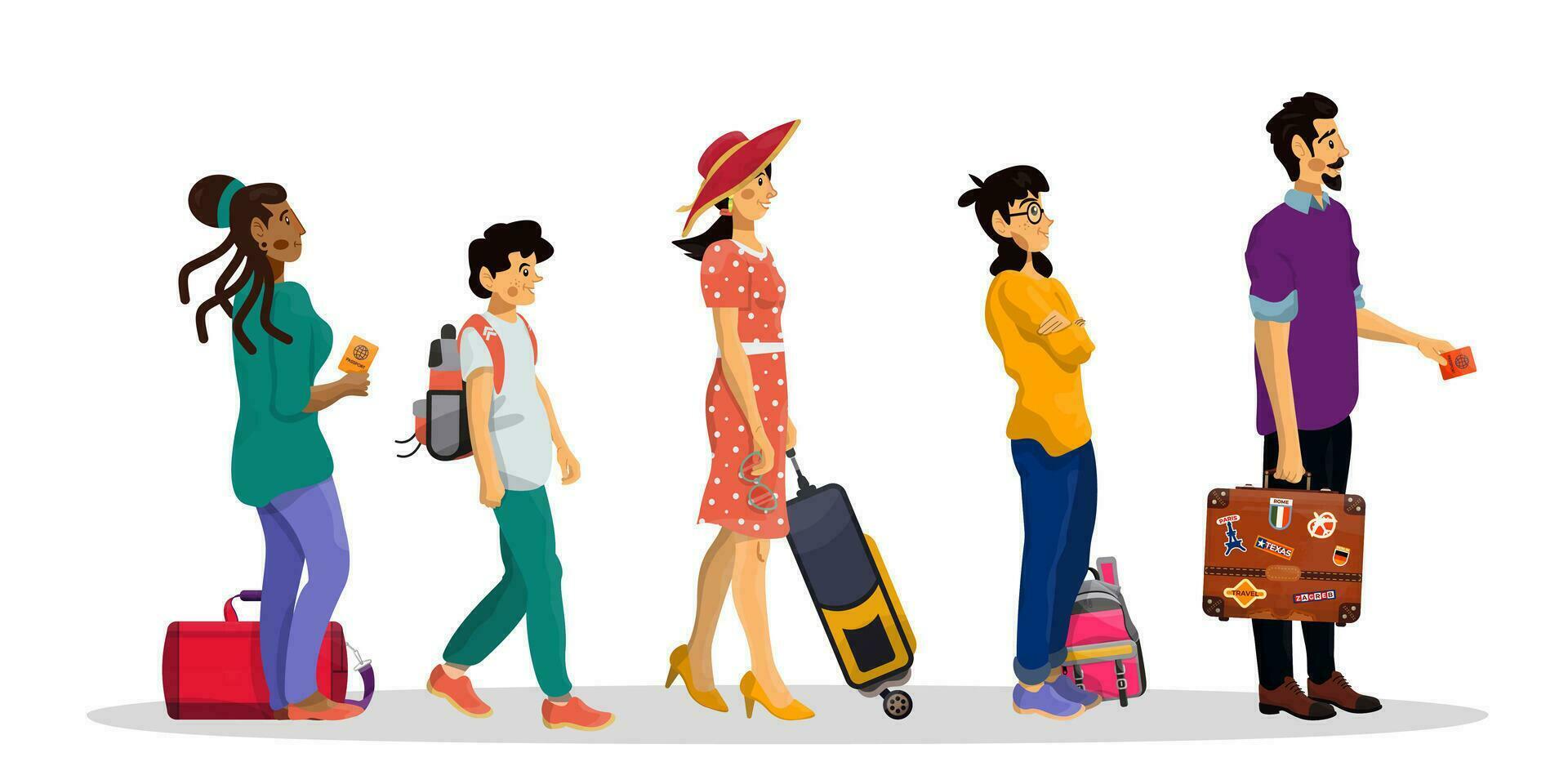 Vector cartoon illustration of queue in airport or railway station. Family concept.
