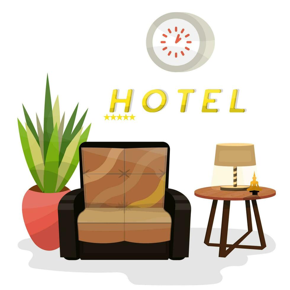 Vector flat illustration of interior of hotel apartment on white isolated background.