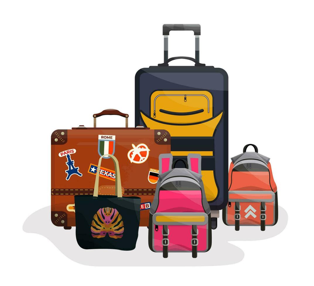 Vector illustration of baggage object. Suitcases, backpacks and bag on a white background.