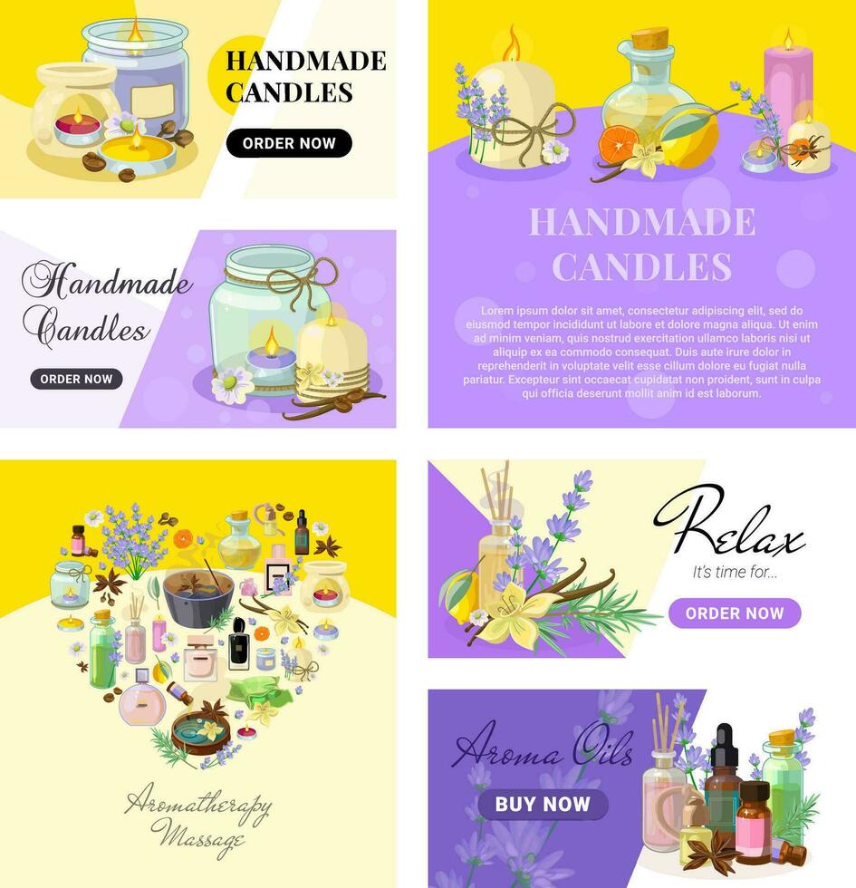 Collection of Landing pages for Aromatherapy and Productions of Aroma Candles, Oils and Cosmetics vector