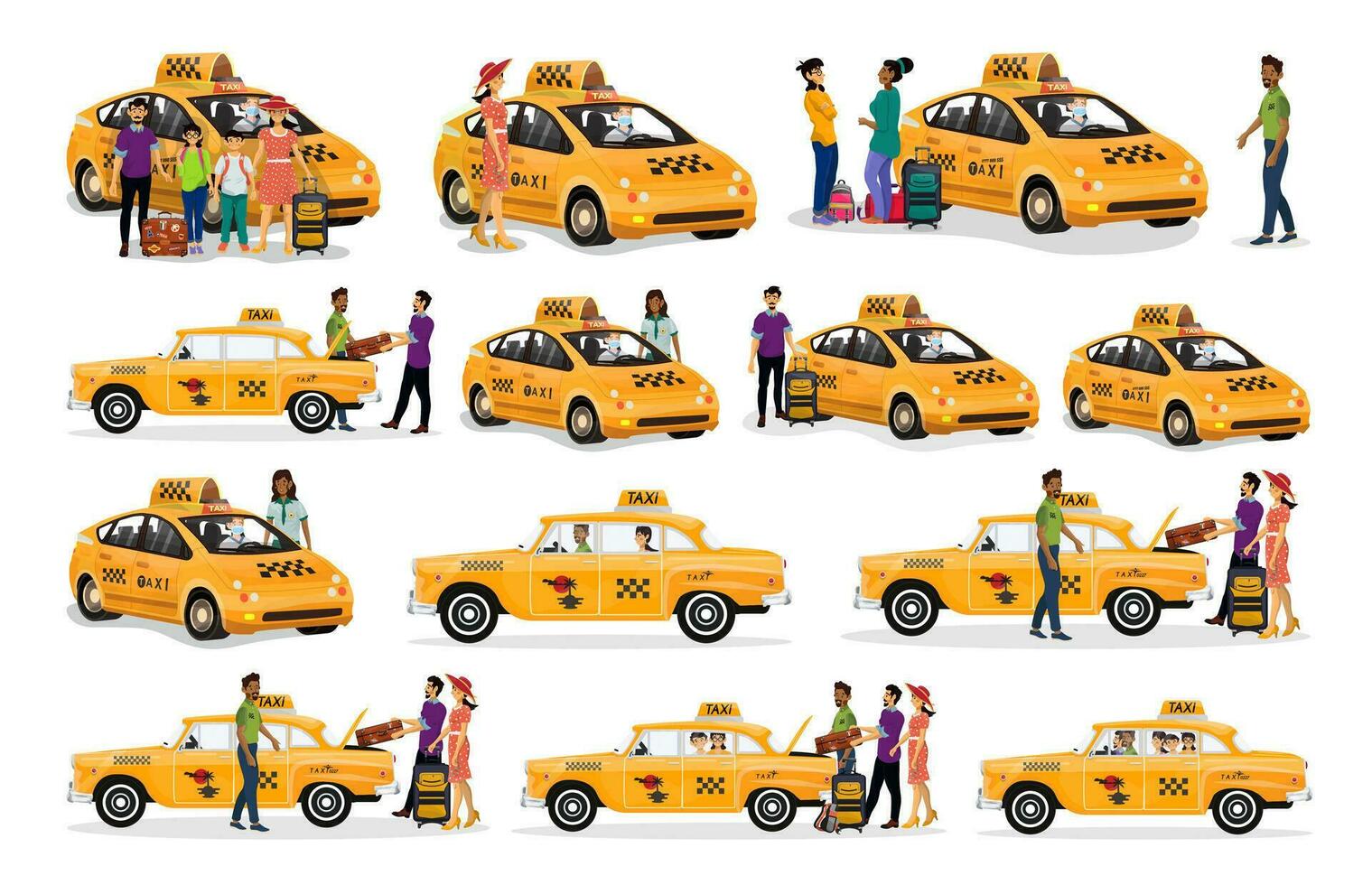 Collection of vector cartoon illustrations and situations with taxi and happy family go on holiday.