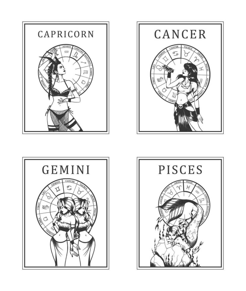 Set of vector illustrations of monochrome cards with astrological signs and romantic beauty women.