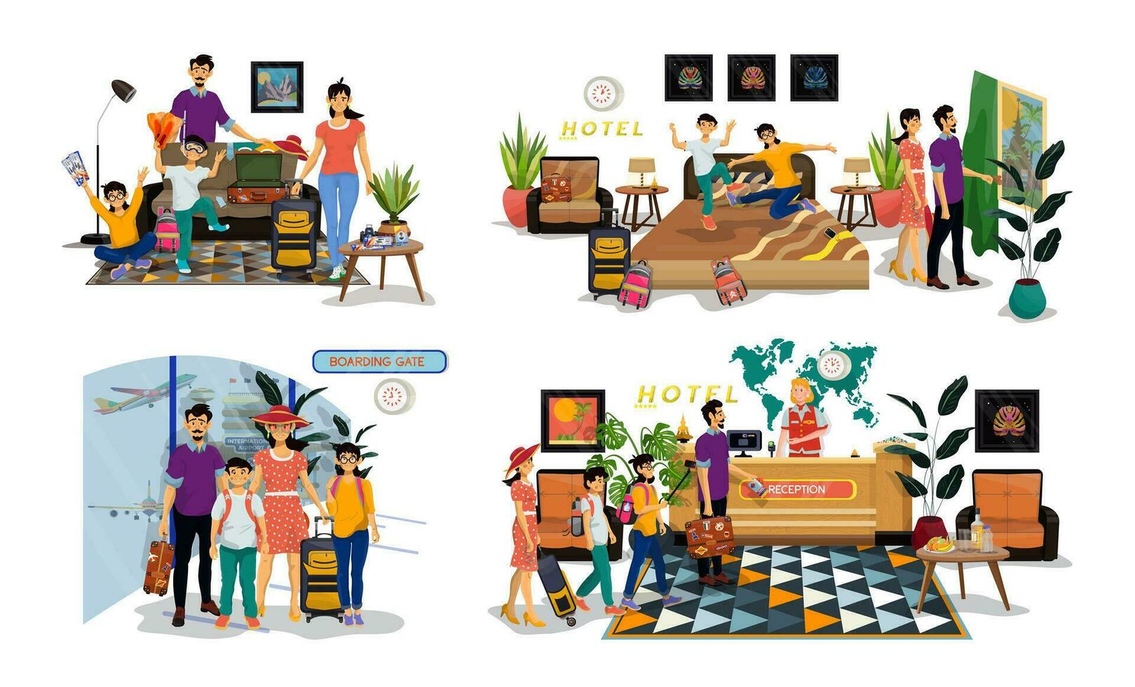 Set of flat illustrations of family packing suitcases, in a hotel, near boarding gate, booking room. vector