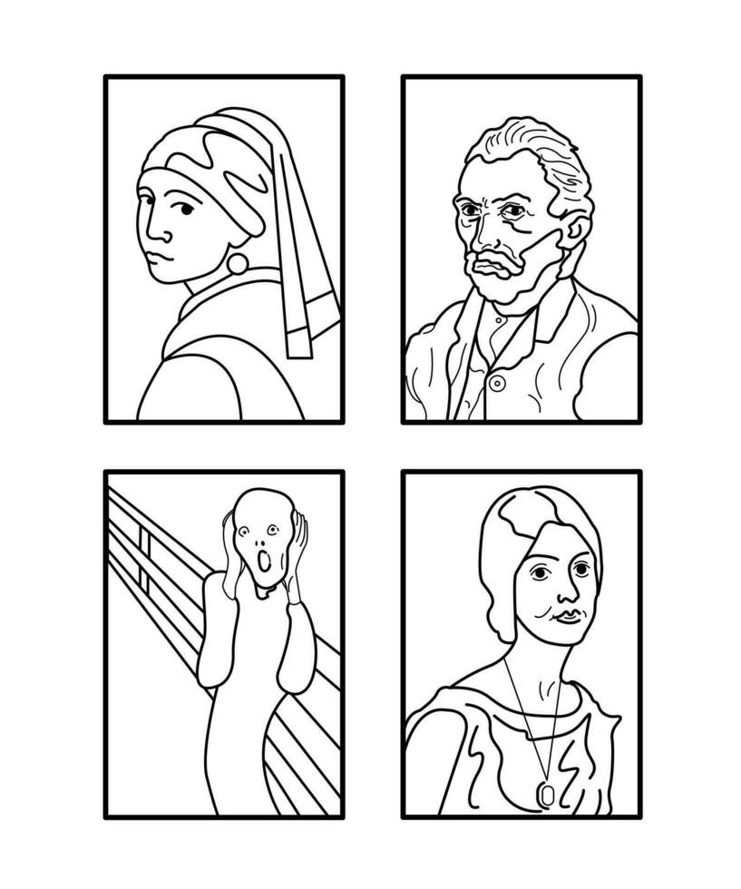 Collection of linear illustrations of vintage paintings vector