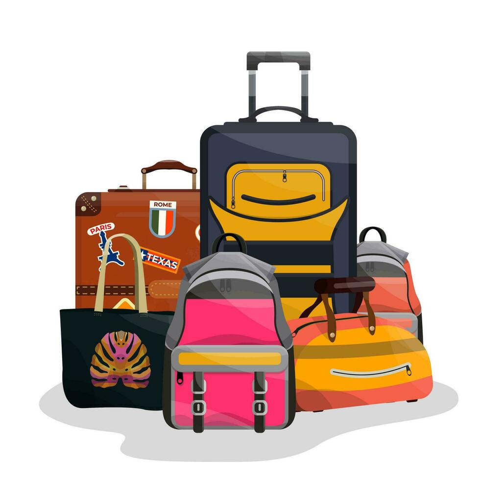 Vector illustration of baggage object. Suitcases, backpacks and bag on a white background.