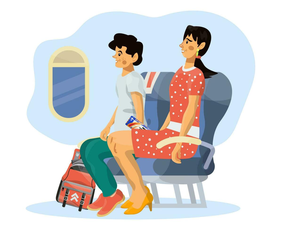 Vector flat illustration of passengers in a cabin of plane during the flight.