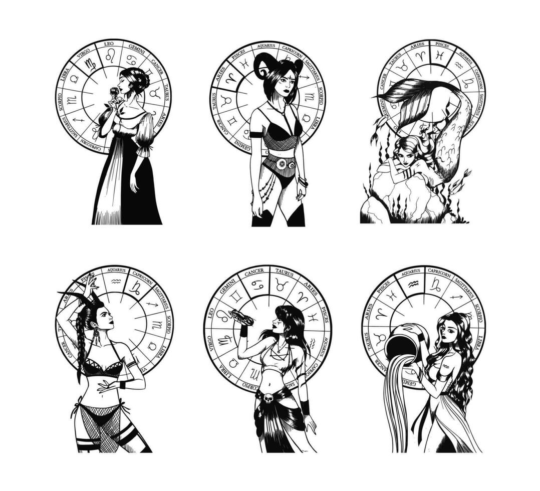 Hand drawn illustrations and silhouettes of monochrome arts of astrological signs and beauty women. vector