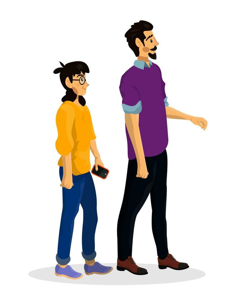 Father with his happy daughter walking. Cartoon vector illustration of single parent with child.