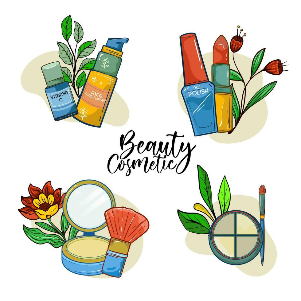 Set of compositions with natural organic cosmetic products in bottles, jars, tubes for skincare. Flat lay photography of skincare products vector