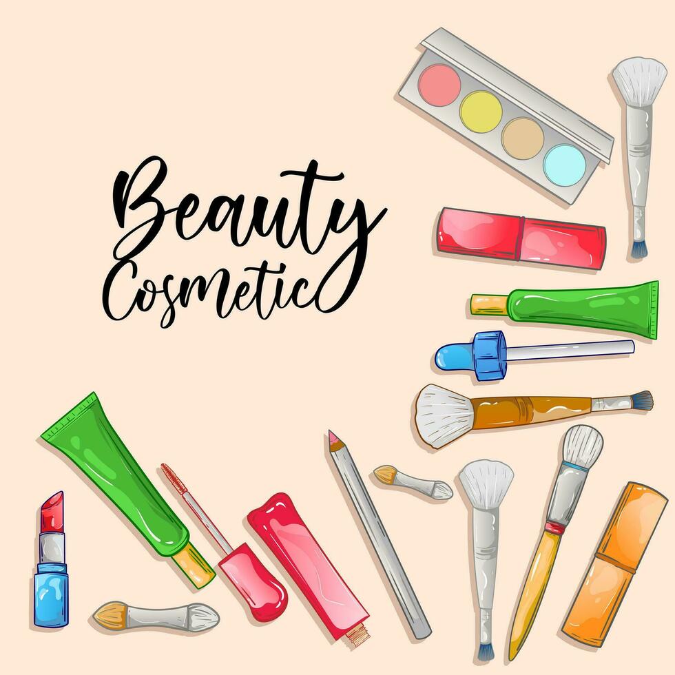 Set of compositions with natural organic cosmetic products in bottles, jars, tubes for skincare. Flat lay photography of skincare products vector
