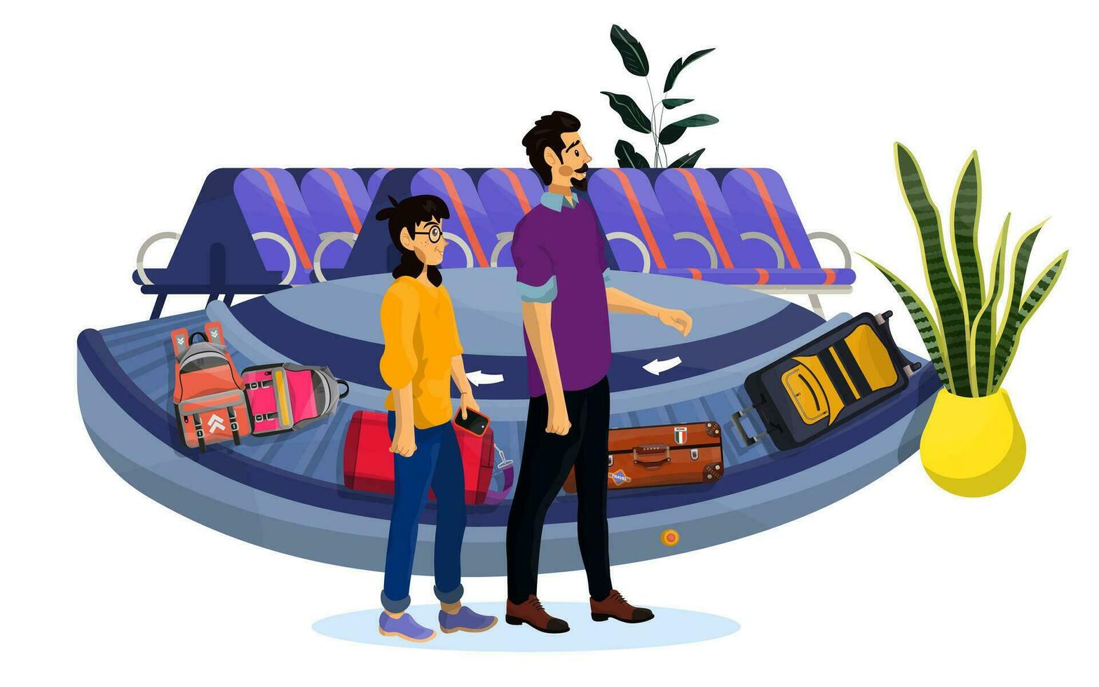 vector plano ilustración de equipaje reclamar con esperando familia en blanco aislado antecedentes.