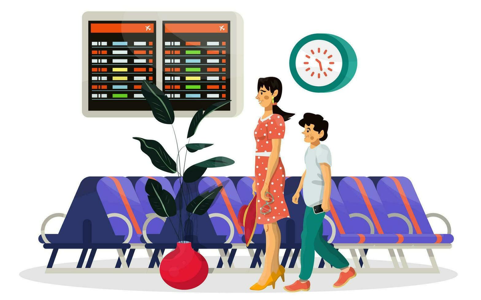 vector plano ilustración de esperando habitación o salón y pasajeros familia con prioridad pasar en aeropuerto