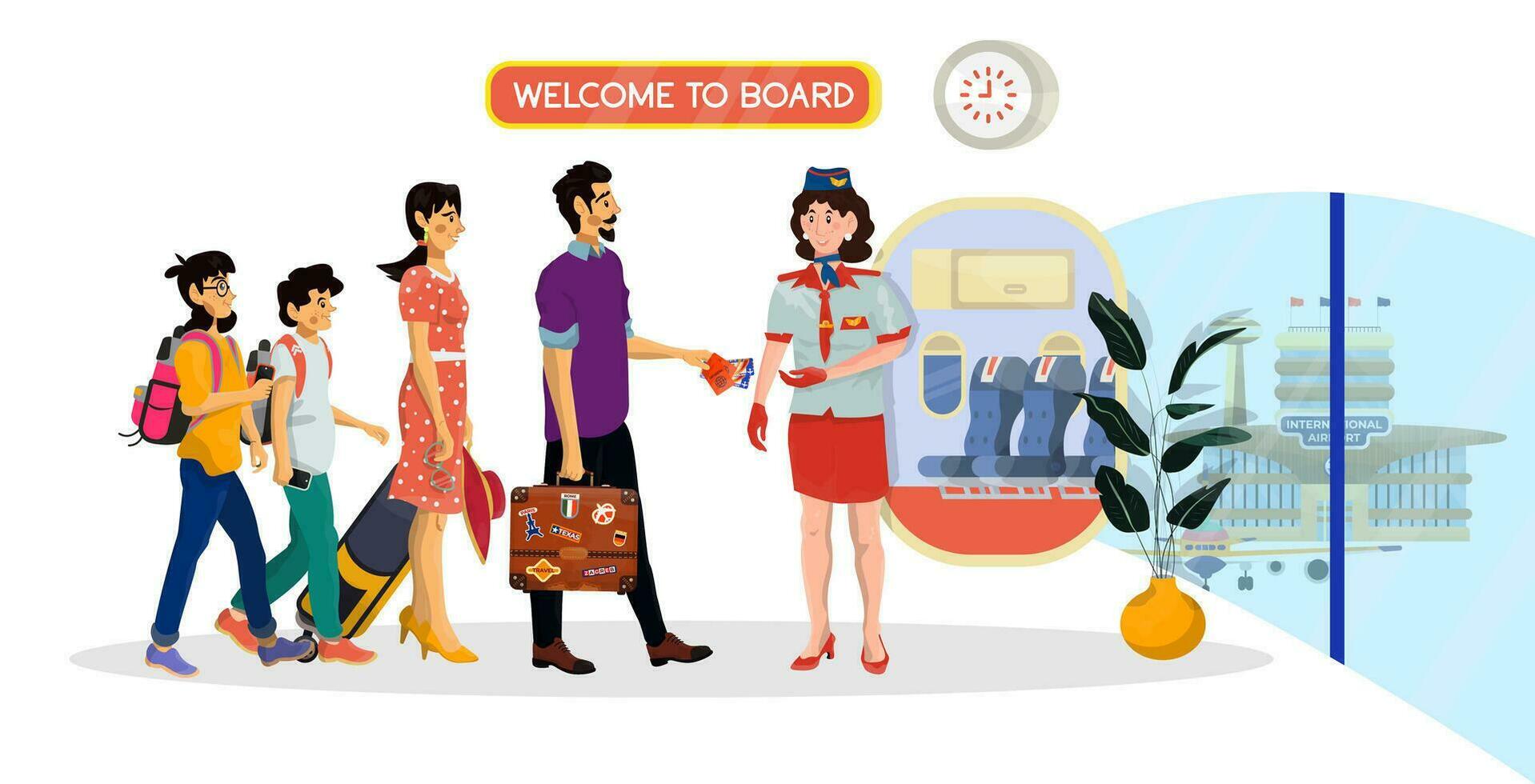 Vector cartoon illustration of woman stewardess who check tickets of passengers in an airport.