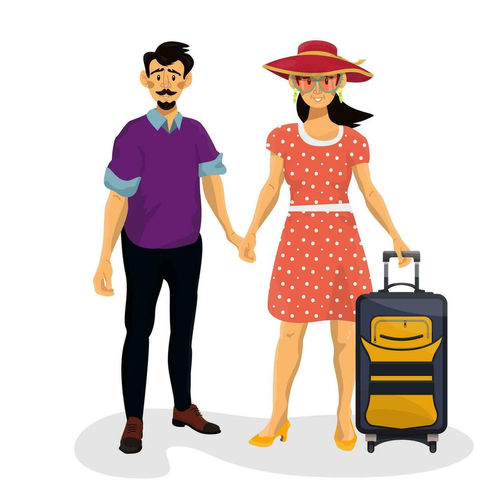 Vector cartoon illustration of husband and wife holding hands and going to vacation.