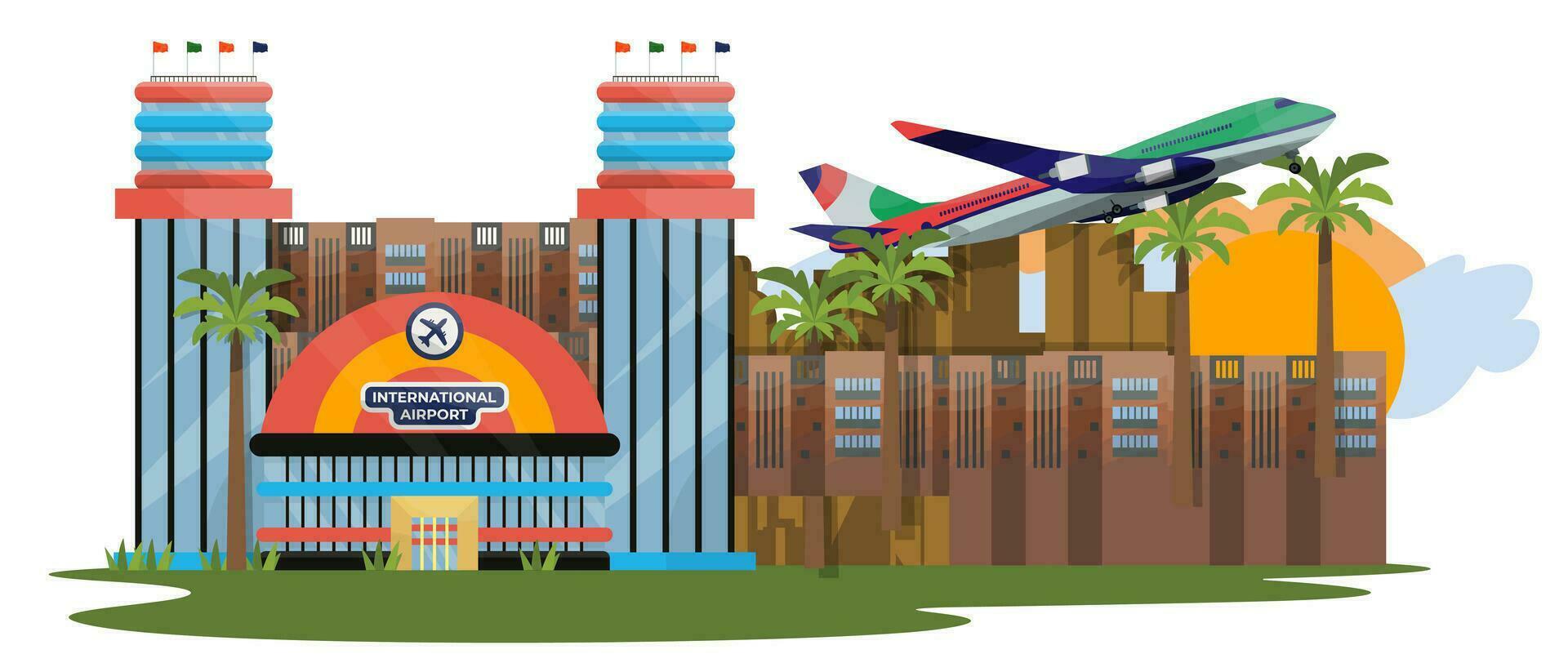 Vector concept of flat illustration of modern international airport on white background.