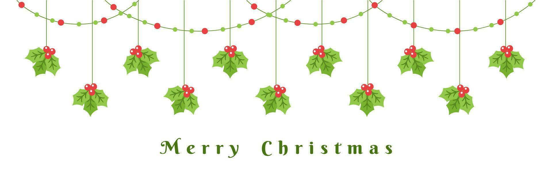 Merry Christmas Border Banner, Hanging Mistletoe Garland. Winter Holiday Season Header Decoration. Vector illustration.