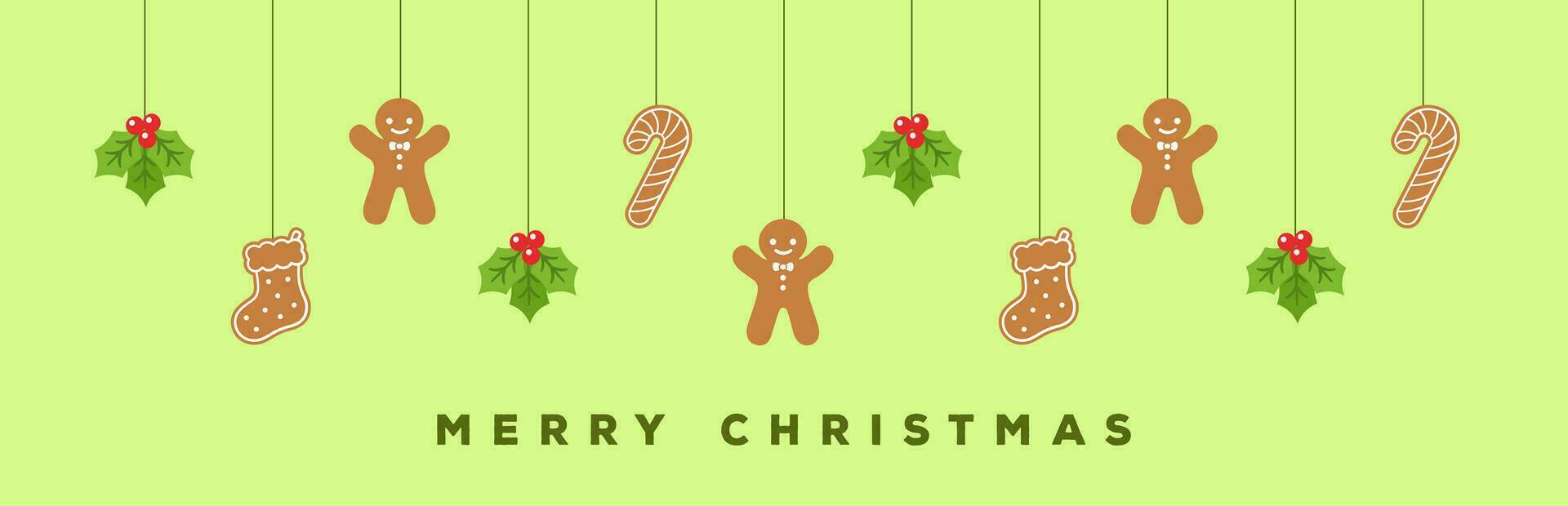 Merry Christmas Border Banner, Hanging Gingerbread Cookies and Mistletoe Garland. Winter Holiday Season Header Decoration. Biscuits in Festive Shapes Template. Vector illustration.