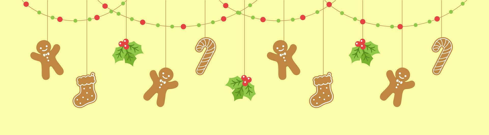 Merry Christmas Border Banner, Hanging Gingerbread Cookies and Mistletoe Garland. Winter Holiday Season Header Decoration. Biscuits in Festive Shapes Template. Vector illustration.
