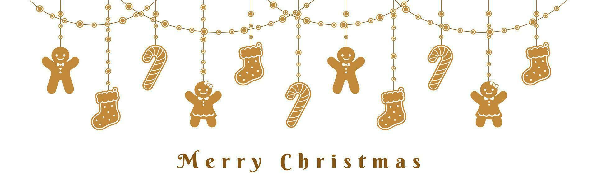 Merry Christmas Border Banner, Hanging Gingerbread Cookies Garland. Winter Holiday Season Header Decoration. Biscuits in Festive Shapes for web banner template. Vector illustration.