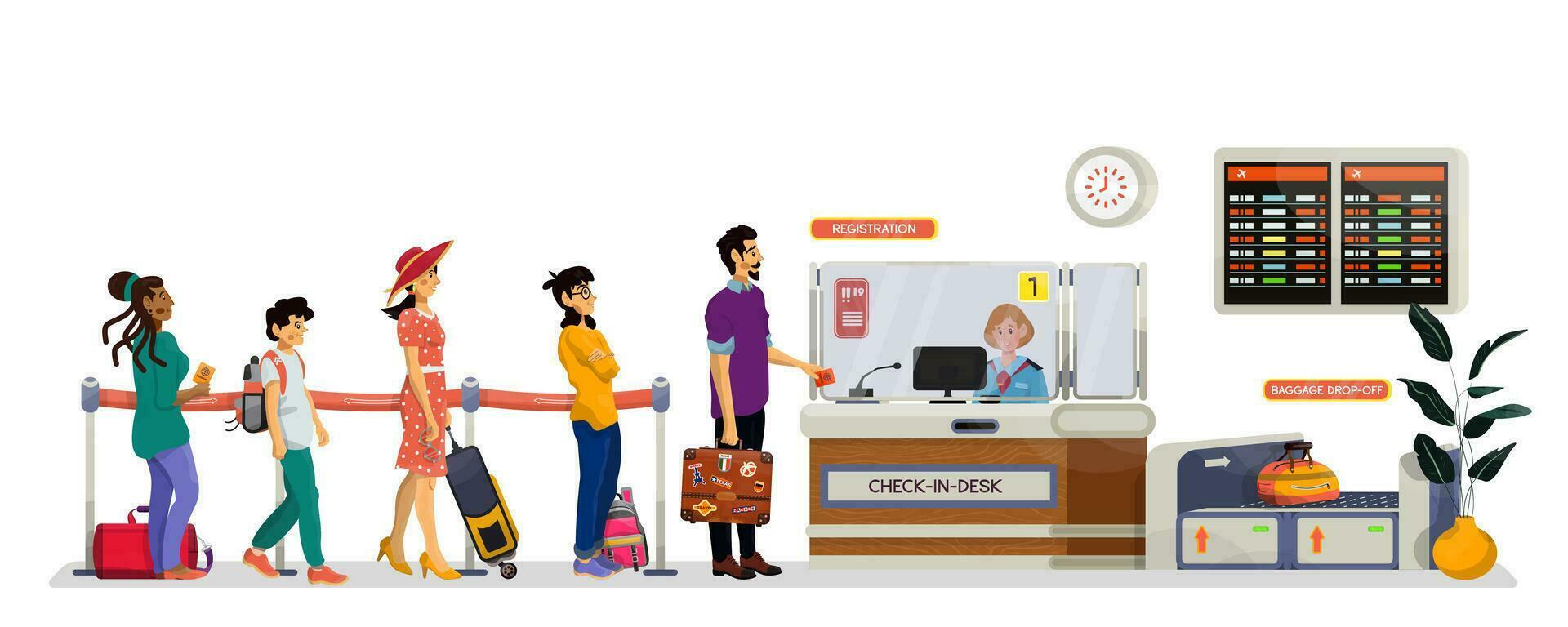 Vector cartoon illustration of check in desk or registration desk with long queue in an airport.