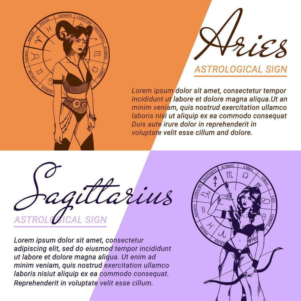 Collection of banners and templates with beautiful women. Concepts of zodiac, astrological signs. vector