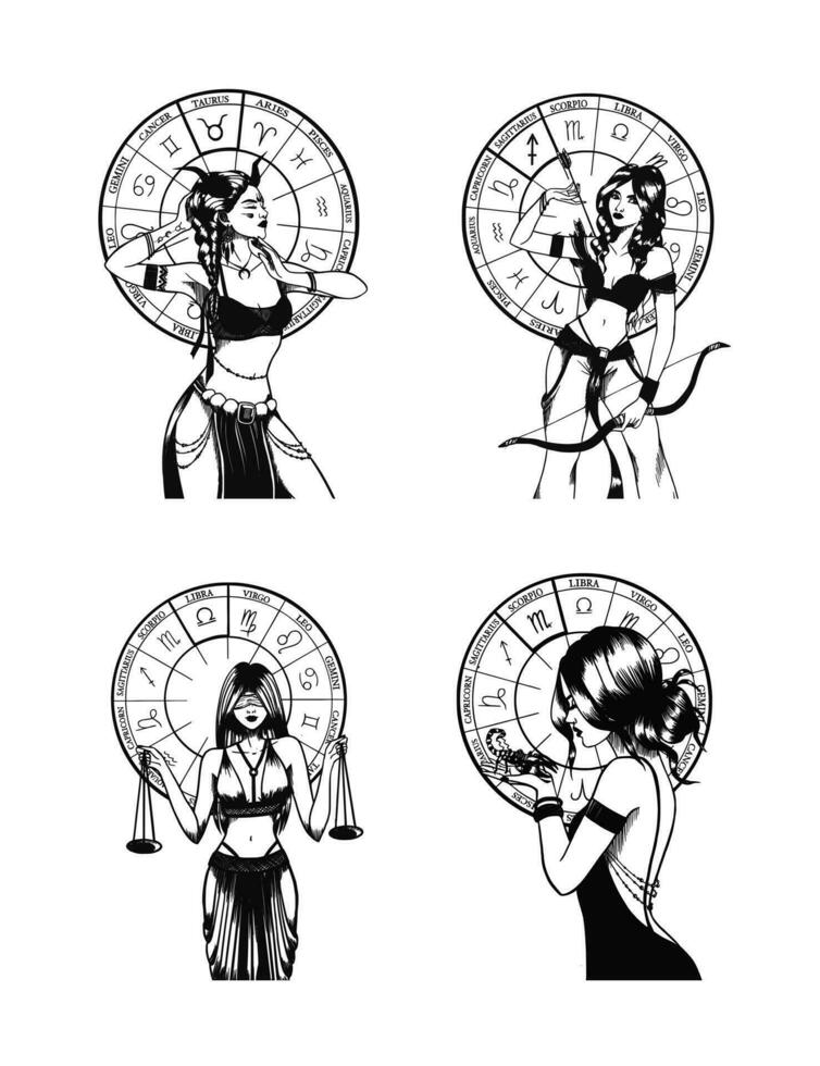 Hand drawn illustrations and silhouettes of monochrome arts of astrological signs and beauty women. vector