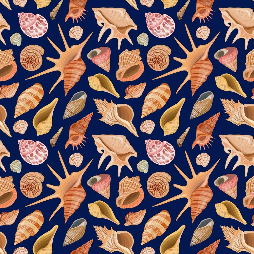 Vector seamless pattern with sea, ocean theme. Wallpaper with colorful seashells and undersea world.