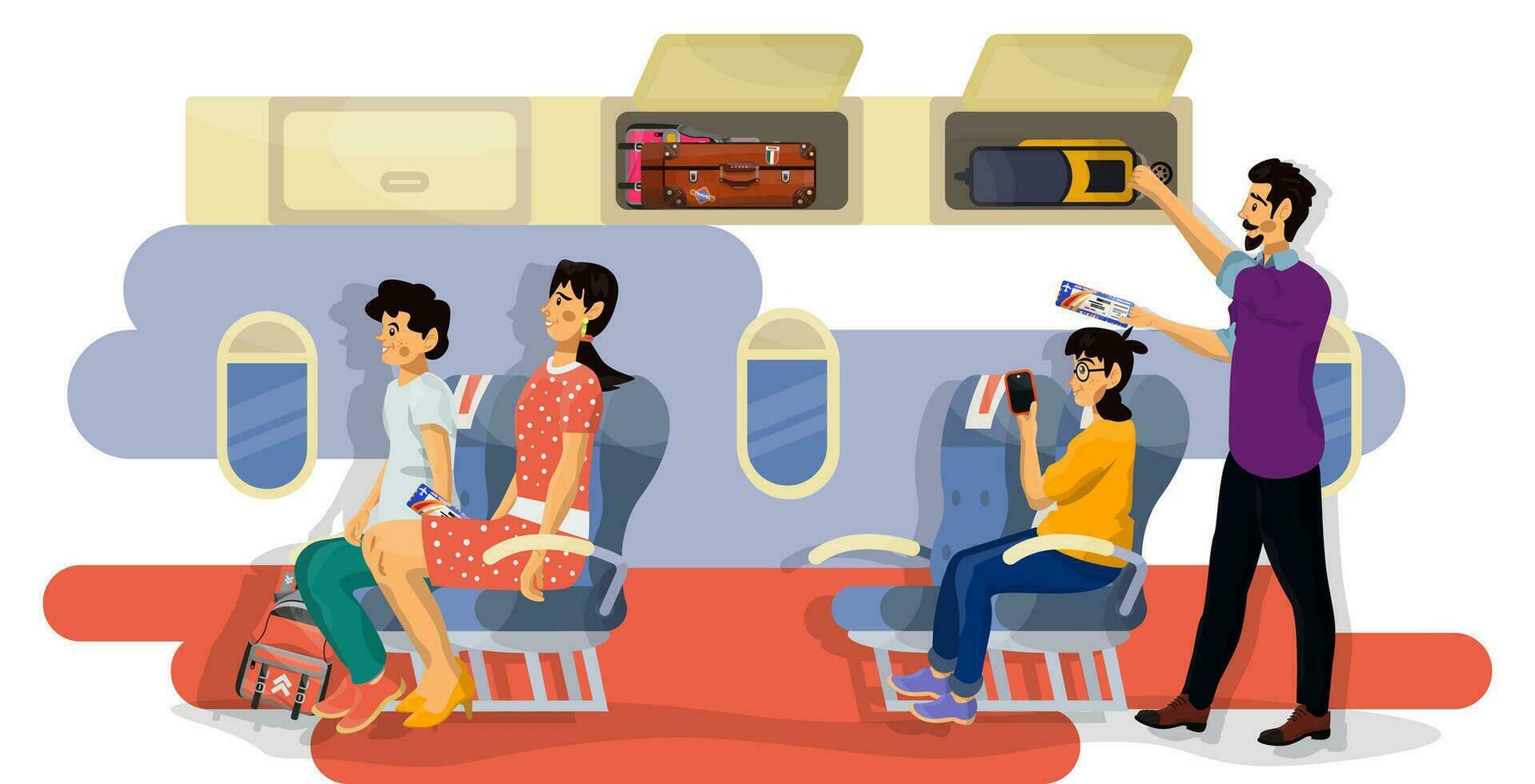 vector plano ilustración de pasajeros en un cabina de avión durante el vuelo.