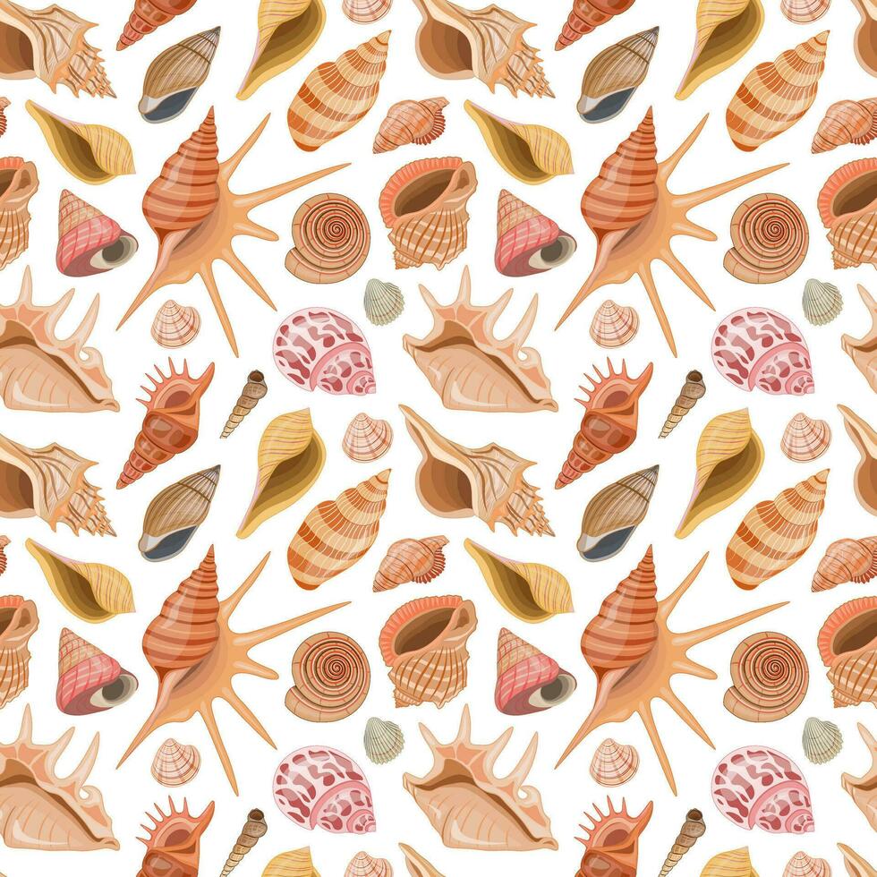 Vector seamless pattern with sea, ocean theme. Wallpaper with colorful seashells and undersea world.