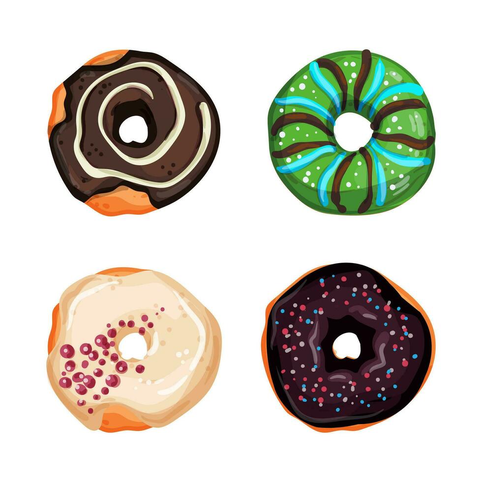 Collection of vector illustrations of bright and appetizing donuts