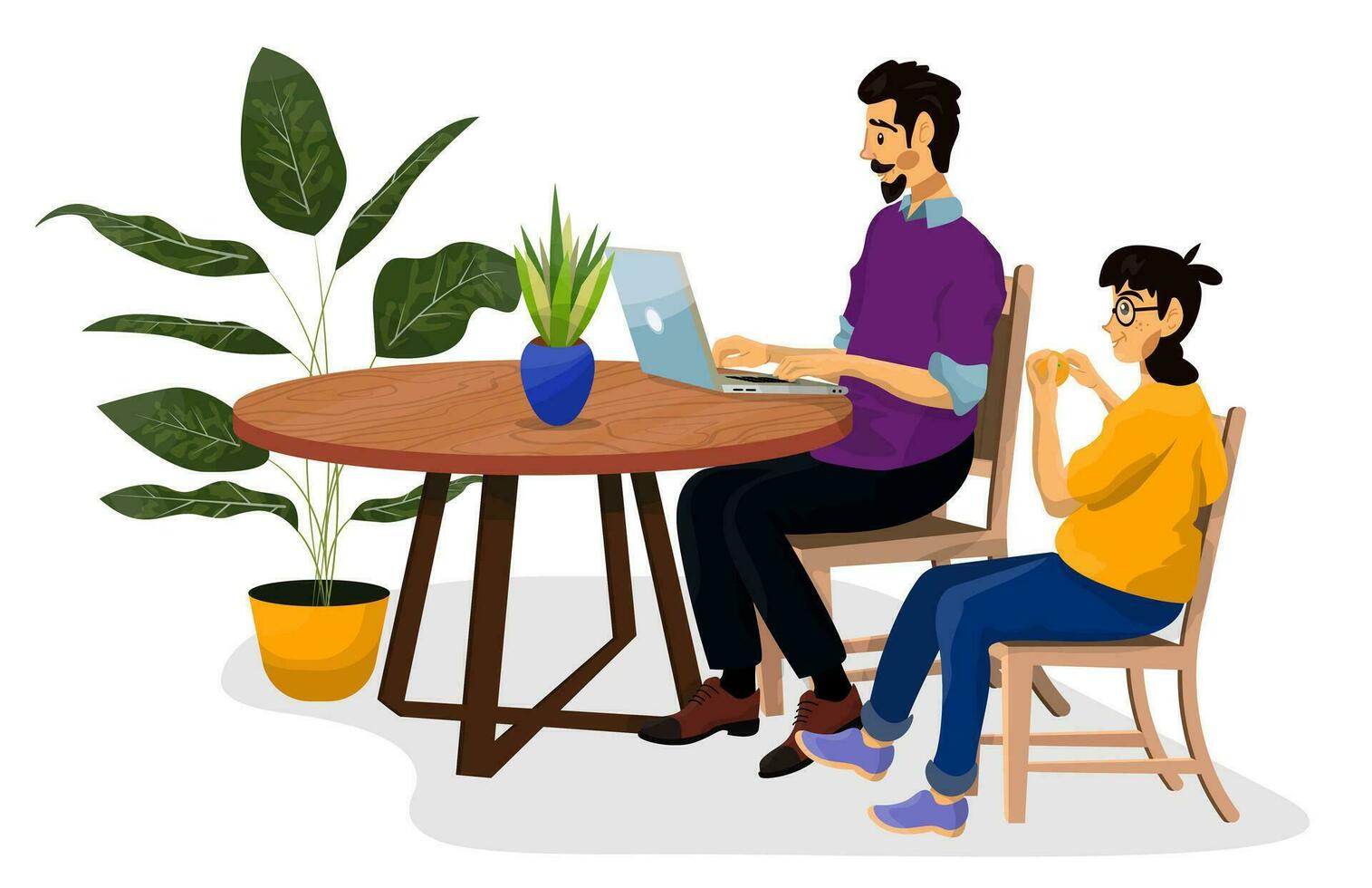 Vector cartoon illustration of happy family at the table on white isolated background.